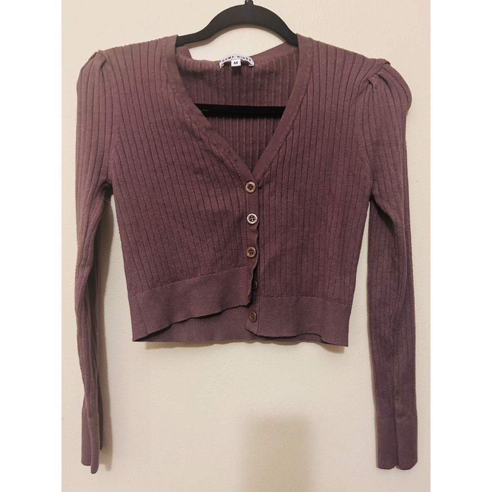 Bump Biddy Cardigan Women Medium Mauve Ribbed Cropped Puff Sleeve Sweater